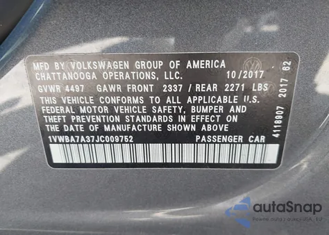 2018 Volkswagen Passat 2.0T Se from USA, damaged, VIN 1VWBA7A37JC009752